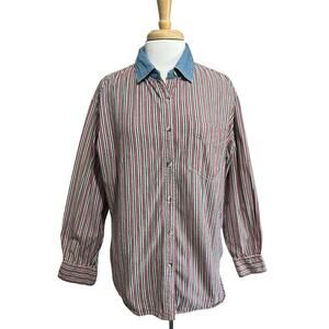 Vintage Vision Women's L Red Green Stripe Button Down Shirt Denim Collar